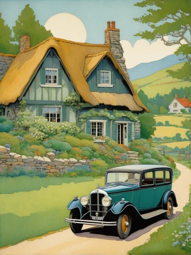 travel poster,home landscape,country cottage,house painting,summer cottage,morris eight,cottage,wolseley 4/44,morris minor,citroën traction avant,vintage illustration,houses clipart,ford model a,thatched cottage,land rover series,wolseley hornet,ford model aa,cottages,illustration of a car,vintage art,Illustration,Retro,Retro 07