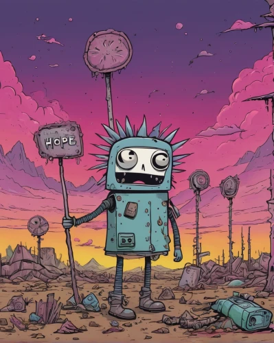 wasteland,post apocalyptic,streampunk,post-apocalyptic landscape,robot,robotic,post-apocalypse,robots,robot in space,robot icon,bot,soft robot,trash land,digital nomads,robotics,martian,2d,dystopia,autonomous,cyberpunk,Illustration,Children,Children 06