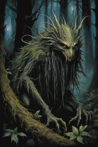 forest animal,forest man,forest dragon,temperowanie,supernatural creature,dryad,forest king lion,nocturnal bird,druid,gryphon,hag,elder,druids,pall-bearer,seed-eater,critter,tree man,strix nebulosa,faerie,krampus,Illustration,Realistic Fantasy,Realistic Fantasy 14