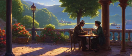 romantic scene,summer evening,evening atmosphere,rapunzel,serenade,idyll,malcesine,the evening light,in the evening,positano,romantic dinner,balcon de europa,amalfi,portofino,taormina,alfresco,fantasy picture,beauty scene,alhambra,a fairy tale,Illustration,Realistic Fantasy,Realistic Fantasy 27