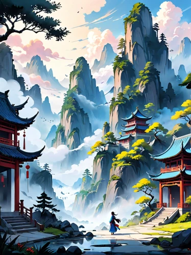 chinese background,japan landscape,yunnan,oriental,chinese temple,south korea,japanese background,oriental painting,tigers nest,landscape background,chinese art,backgrounds,chinese clouds,bird kingdom,world digital painting,mountain scene,fantasy landscape,cartoon video game background,mountain landscape,game illustration,Anime,Anime,General