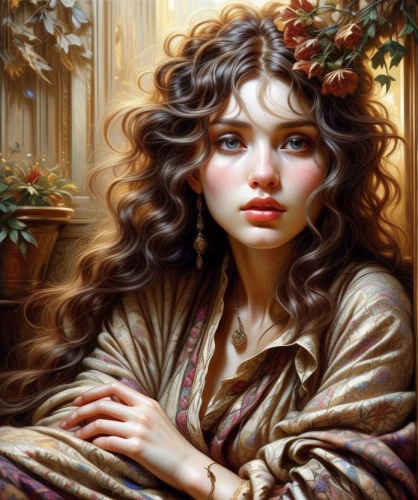 romantic portrait,mystical portrait of a girl,fantasy portrait,emile vernon,portrait of a girl,girl in a wreath,young woman,dryad,young girl,faery,relaxed young girl,girl portrait,fantasy art,artemisia,lilian gish - female,oriental longhair,gypsy hair,oil painting,the enchantress,faerie