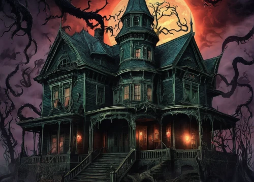 the haunted house,haunted house,witch's house,witch house,creepy house,haunted castle,halloween poster,victorian house,ghost castle,the house,haunted,madhouse,house,halloween and horror,haunted cathedral,apartment house,magic castle,two story house,house number 1,haunt,Illustration,Realistic Fantasy,Realistic Fantasy 47