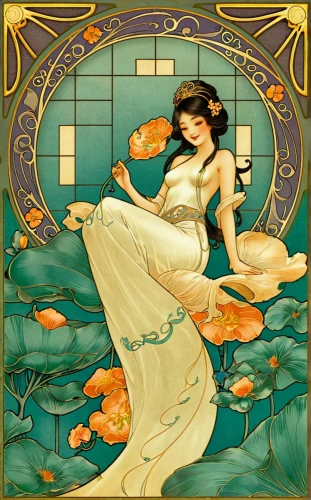 art nouveau,art nouveau design,orange blossom,art nouveau frame,mucha,jasmine,art nouveau frames,rosa ' amber cover,the sleeping rose,rusalka,fairy tale character,jasmine blossom,art deco woman,lilly pond,jasmine tea,gardenia,nasturtium,constellation swan,scent of jasmine,lily pond,Illustration,Retro,Retro 13