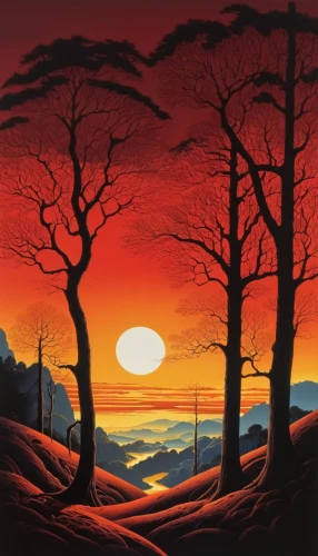 landscape red,red sun,red sky,volcanic landscape,carol colman,burning bush,forest landscape,rising sun,autumn landscape,robert duncanson,orange sky,mountain sunrise,red sky at morning,rural landscape,red tree,atmosphere sunrise sunrise,scorched earth,halloween bare trees,exmoor,ash-maple trees,Illustration,Vector,Vector 09