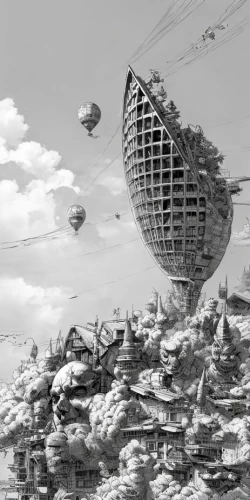 airships,airship,destroyed city,post-apocalyptic landscape,futuristic landscape,sky space concept,futuristic architecture,urbanization,artificial island,post apocalyptic,post-apocalypse,zeppelins,scifi,sci fiction illustration,floating huts,floating islands,metropolis,dystopia,floating island,air ship,Art sketch,Art sketch,Concept