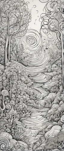 swampy landscape,brook landscape,mushroom landscape,woodcut,cartoon forest,tree canopy,tree grove,forest landscape,cool woodblock images,hand-drawn illustration,backgrounds,waterscape,deciduous forest,water scape,mono line art,lineart,mono-line line art,detail shot,forests,line drawing,Illustration,Black and White,Black and White 05