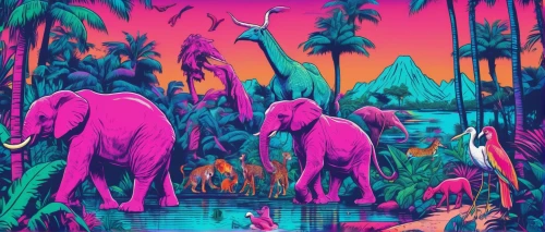 unicorn background,pink elephant,elephants,tropical animals,safari,tropics,pink flamingos,flamingos,elephant camp,cartoon elephants,tropical jungle,deep zoo,lagoon,zoo,elephant herd,flamingoes,brontosaurus,unicorn art,jungle,elephant,Conceptual Art,Sci-Fi,Sci-Fi 28