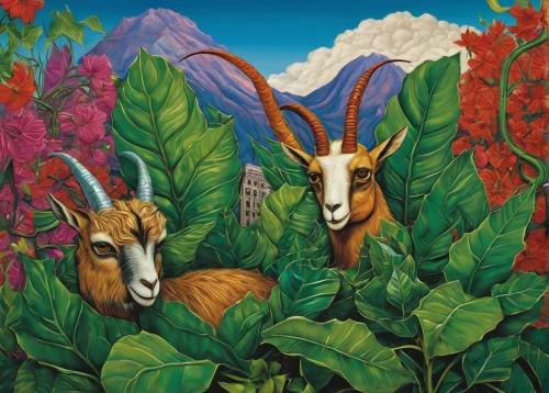 goatflower,domestic goats,goat-antelope,goatherd,antelope,mountain cows,herd of goats,antelopes,ruminants,mountain sheep,pere davids deer,livestock,pachamama,whimsical animals,gazelles,pair of ungulates,agricultural,oxen,dall's sheep,farm animals,Art,Artistic Painting,Artistic Painting 31