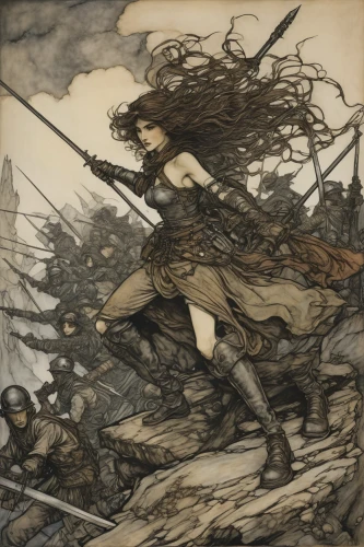 arthur rackham,heroic fantasy,wind warrior,pall-bearer,barbarian,norse,the pied piper of hamelin,the wanderer,celt,rusalka,carpathian,haighlander,viking,warrior woman,thorin,female warrior,clàrsach,game illustration,woodsman,woman of straw,Illustration,Retro,Retro 25