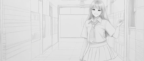 girl walking away,pencil frame,locker,girl in a long,anime cartoon,girl drawing,tsumugi kotobuki k-on,corridor,animation,paper background,girl on the stairs,door,white room,camera drawing,animator,hallway,empty room,open door,in the door,ghost background,Design Sketch,Design Sketch,Character Sketch