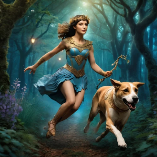fantasy picture,faerie,girl with dog,fantasy art,fantasy woman,faery,celtic woman,ballerina in the woods,fairy tale character,fairy queen,the enchantress,pocahontas,fantasy girl,fantasy portrait,digital compositing,fae,australian kelpie,rosa 'the fairy,children's fairy tale,fairy tales