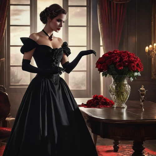 evening dress,black rose,ball gown,victorian lady,red carnation,gothic dress,overskirt,victorian style,gothic fashion,elegance,dressmaker,elegant,red rose,queen of hearts,disney rose,red roses,with roses,red carnations,lady of the night,vesper,Photography,General,Realistic