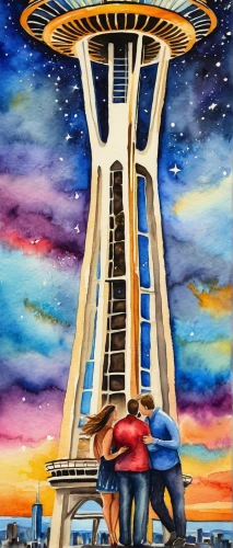 space needle,seattle,the needle,chalk drawing,rocketship,loving couple sunrise,oil painting on canvas,street artists,rainier,olympia washington,portland,sky tower,sky city,oil on canvas,art painting,everett,public art,space tourism,watertower,skycraper,Illustration,Paper based,Paper Based 24