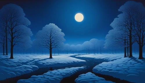 blue moon,snow landscape,night snow,winter landscape,moonlit night,snowy landscape,snow scene,midnight snow,winter forest,winter background,snow trail,night scene,lunar landscape,christmas landscape,winter dream,snow trees,ice landscape,moonlit,moonscape,blue painting,Illustration,Abstract Fantasy,Abstract Fantasy 20