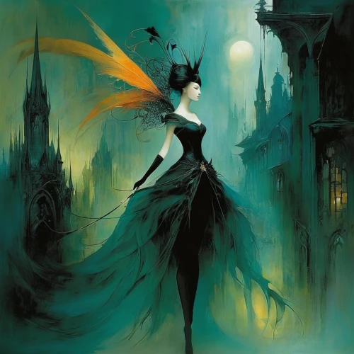 transistor,fantasia,masquerade,evil fairy,fantasy art,gothic woman,sorceress,the enchantress,fantasy picture,vampire lady,fantasy woman,queen of the night,absinthe,fairy queen,crow queen,faerie,dark angel,lady of the night,vampire woman,vanessa (butterfly),Illustration,Realistic Fantasy,Realistic Fantasy 16