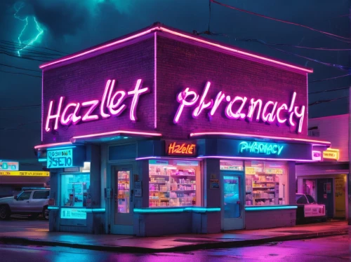 pharmacy,purple rizantém,pharmacist,neon sign,retro diner,bazaar,hazardous,notitzzettel,convenience store,cd cover,vapor,album cover,pharmaceutical,drizzle,illuminated advertising,neon lights,aesthetic,store front,hazel,neon cocktails,Conceptual Art,Sci-Fi,Sci-Fi 27