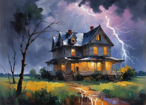 the haunted house,haunted house,thunderstorm,witch's house,lightning storm,witch house,lightning strike,lonely house,lightening,thunderstorm mood,house insurance,home landscape,house painting,creepy house,victorian house,abandoned house,haunted castle,stormy,ghost castle,storm,Conceptual Art,Oil color,Oil Color 10