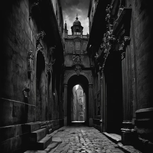 haunted cathedral,dark gothic mood,gothic architecture,charles bridge,passage,trinity college,the cobbled streets,creepy doorway,edinburgh,the threshold of the house,threshold,gothic,archway,thoroughfare,monochrome photography,alleyway,blackandwhitephotography,ghost castle,prague,film noir,Art,Classical Oil Painting,Classical Oil Painting 01