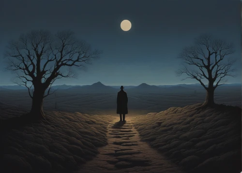 silhouette of man,barren,to be alone,the wanderer,sleepwalker,loneliness,solitary,pilgrim,andreas cross,desolation,moonscape,surrealism,wanderer,the path,before the dawn,standing man,nature and man,solitude,walking man,landscapes,Art,Artistic Painting,Artistic Painting 48