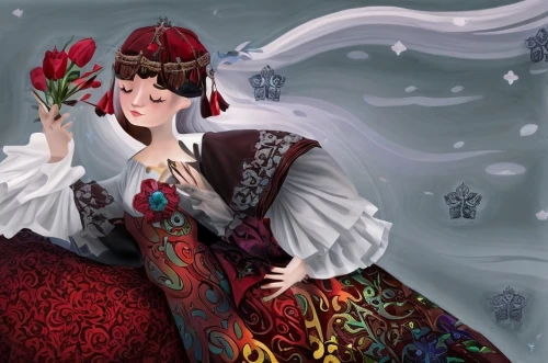 the snow queen,suit of the snow maiden,miss circassian,russian folk style,white rose snow queen,queen of hearts,fairy tale character,the carnival of venice,folk costume,snow white,christmas woman,winter rose,fashion illustration,folk costumes,winter dress,rusalka,princess anna,fairytale characters,traditional costume,red russian,Game Scene Design,Game Scene Design,Dark Fairy Tale
