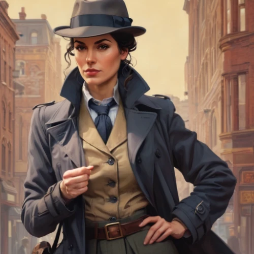 detective,policewoman,inspector,female doctor,woman holding gun,investigator,woman in menswear,trench coat,overcoat,girl with gun,spy,the hat-female,fedora,librarian,girl with a gun,vesper,retro woman,the hat of the woman,clue and white,bowler hat