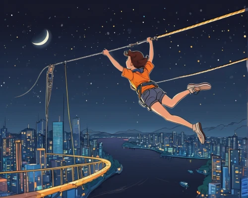 flying trapeze,tightrope walker,pole vault,tightrope,pole vaulter,high-wire artist,pole climbing (gymnastic),rope (rhythmic gymnastics),aerialist,bungee jumping,circus aerial hoop,trapeze,hoop (rhythmic gymnastics),pole dance,aerial hoop,wonder woman city,sci fiction illustration,parallel bars,tokyo summer olympics,horizontal bar,Illustration,Japanese style,Japanese Style 07