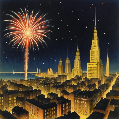 fireworks art,fireworks rockets,silvester,new year's eve 2015,postcard for the new year,fireworks background,fireworks,new year's eve,new years eve,firework,illuminations,turn of the year sparkler,kristbaum ball,fourth of july,new year clipart,july 4th,chrysler building,sparkler,twenties of the twentieth century,vintage illustration,Illustration,Retro,Retro 19
