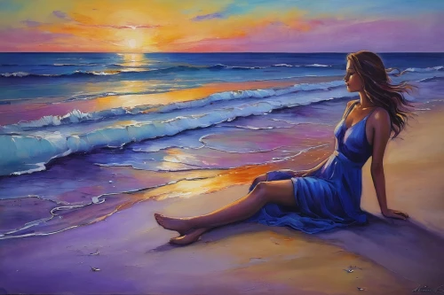 oil painting on canvas,oil painting,art painting,beach landscape,seascape,sun and sea,sea landscape,sunset beach,sunrise beach,sea breeze,oil on canvas,beach scenery,blue painting,sunset glow,girl on the dune,dream beach,beautiful beach,sea-shore,blue waters,fineart,Illustration,Realistic Fantasy,Realistic Fantasy 30
