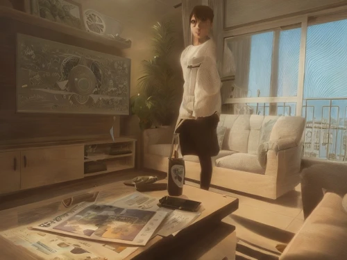 sky apartment,apartment,an apartment,morning light,white clothing,boy's room picture,modern room,shared apartment,penthouse apartment,atmosphere,distant vision,room creator,chef's uniform,male poses for drawing,room,standing man,hotel man,study,one room,daybreak,Game&Anime,Pixar 3D,Pixar 3D