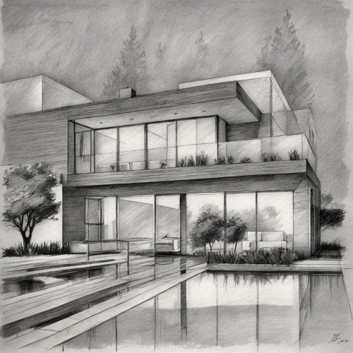 house drawing,mid century house,modern house,graphite,mid century modern,matruschka,residential house,modern architecture,contemporary,dunes house,archidaily,pencil and paper,architect plan,ruhl house,residential,arq,gray-scale,pencil drawings,glass facade,kirrarchitecture,Illustration,Black and White,Black and White 30