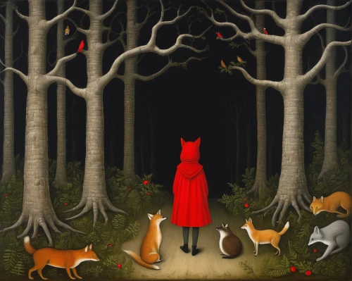 red riding hood,little red riding hood,woodland animals,forest animals,red cat,fox hunting,carol colman,red fox,foxes,fox and hare,redfox,forest animal,garden-fox tail,child fox,hare trail,red coat,little fox,carol m highsmith,the forest,animal lane,Art,Artistic Painting,Artistic Painting 02