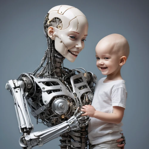 artificial intelligence,humanoid,endoskeleton,robotics,cybernetics,machine learning,father with child,prosthetics,chatbot,robots,social bot,human,mother and child,caregiver,old human,mother with child,chat bot,metal implants,next generation,bot