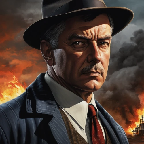 al capone,holmes,game illustration,steam icon,the conflagration,mafia,twitch icon,governor,inspector,godfather,warsaw uprising,hitchcock,trilby,smoking man,marshall,allied,fire background,game art,portrait background,play escape game live and win,Illustration,Realistic Fantasy,Realistic Fantasy 22