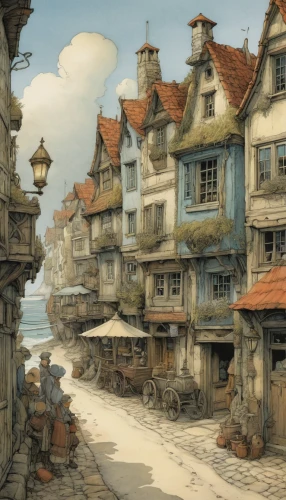 medieval street,medieval town,escher village,popeye village,fishing village,wooden houses,knight village,aurora village,old town,old city,ancient city,narrow street,the old town,half-timbered houses,townscape,hamelin,fantasy city,harbor,stone town,villages,Illustration,Paper based,Paper Based 29