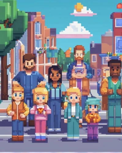 facebook pixel,pixel art,retro cartoon people,game characters,8bit,pixel,vector people,pixels,pixelgrafic,adventure game,game art,people characters,neighborhood,action-adventure game,villagers,street fair,game illustration,elm family,characters,pixel cells,Unique,Pixel,Pixel 01