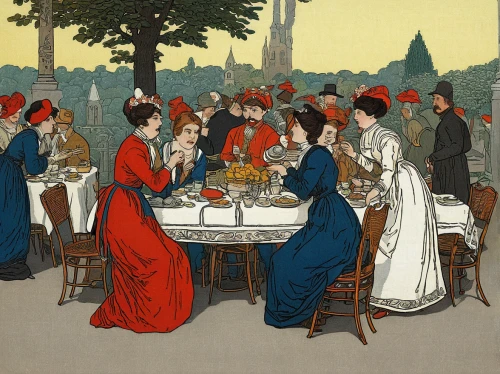 garden party,women at cafe,apéritif,tea service,dinner party,bellini,tea party,outdoor dining,bistrot,kate greenaway,fête,dining,long table,drinking party,high tea,alfresco,young women,picnic,bistro,ladies group,Illustration,Retro,Retro 11