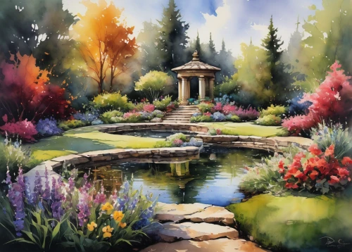 garden pond,koi pond,wishing well,fountain pond,watercolor background,autumn landscape,nature garden,landscape background,home landscape,fall landscape,lily pond,flower painting,arboretum,stone garden,nature landscape,fantasy landscape,lilly pond,gardens,springtime background,meadow in pastel,Illustration,Paper based,Paper Based 03