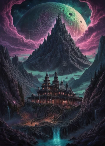 witch's house,fantasy landscape,fantasy picture,mountain settlement,witch house,northrend,devilwood,ancient house,fantasy art,ghost castle,purple landscape,valley of the moon,temples,knight's castle,aurora-falter,3d fantasy,mushroom landscape,world digital painting,house in mountains,castle of the corvin,Illustration,Realistic Fantasy,Realistic Fantasy 47