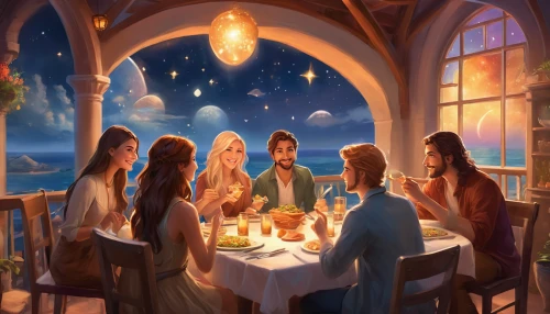 holy supper,romantic dinner,dinner party,last supper,family dinner,the occasion of christmas,candle light dinner,fantasy picture,nativity of jesus,christ feast,exclusive banquet,fine dining restaurant,celtic woman,long table,outdoor dining,holiday table,dining,christmas circle,nativity of christ,christmas dinner,Illustration,Realistic Fantasy,Realistic Fantasy 01