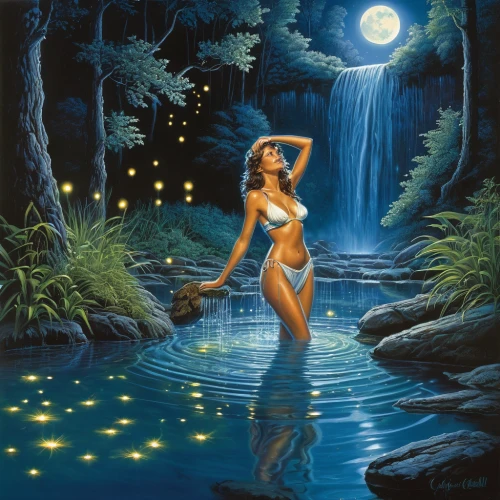 water nymph,the blonde in the river,fantasy picture,the night of kupala,secret garden of venus,blue moon,fantasy art,moonlit night,faerie,fantasy woman,girl on the river,night scene,moonlit,water pearls,full moon,thermal spring,the enchantress,believe in mermaids,moonbeam,moonlight,Illustration,American Style,American Style 07