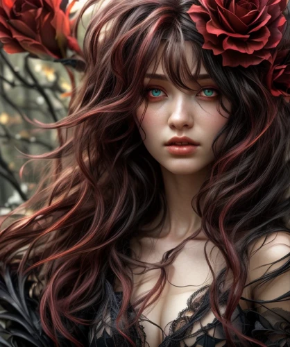 faery,black rose hip,black rose,fantasy art,red rose,fantasy portrait,elven flower,red roses,red petals,faerie,wild rose,wild roses,coral bells,the enchantress,begonia,wilted,fairy queen,red-haired,redhead doll,gothic woman