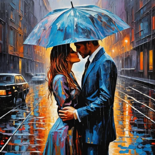 romantic scene,romantic portrait,oil painting on canvas,in the rain,walking in the rain,romantic night,blue rain,romantic look,art painting,romantic,oil painting,umbrellas,man with umbrella,couple in love,love in the mist,young couple,two people,love couple,umbrella,love background,Photography,Fashion Photography,Fashion Photography 26