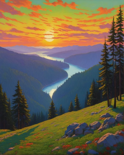 mountain sunrise,mountain landscape,mountain scene,landscape background,alpine sunset,high landscape,salt meadow landscape,forest landscape,mountainous landscape,river landscape,nature landscape,panoramic landscape,mountain valley,the landscape of the mountains,purple landscape,mountain meadow,oil on canvas,montana,landscape nature,landscape,Art,Classical Oil Painting,Classical Oil Painting 14