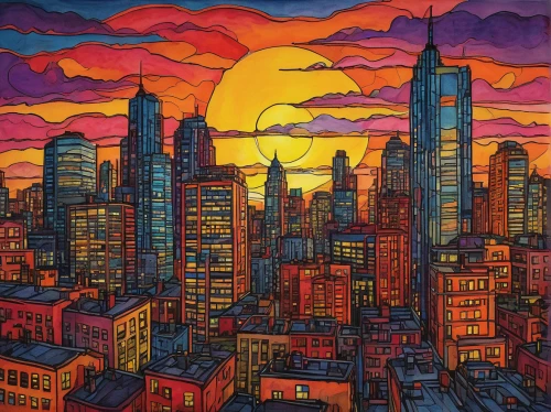 new york skyline,colorful city,manhattan skyline,cityscape,city skyline,chicago skyline,skyline,evening city,new york,manhattan,colored pencil background,big apple,newyork,ny,nyc,skyscrapers,dusk,wtc,the city,1 wtc,Art,Classical Oil Painting,Classical Oil Painting 11