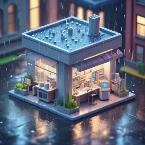 miniature house,convenience store,flower shop,apartment house,rain bar,coffee shop,store front,a restaurant,barber shop,ice cream shop,an apartment,laundry shop,pharmacy,3d render,isometric,rainy,laundromat,rainy day,the coffee shop,small house