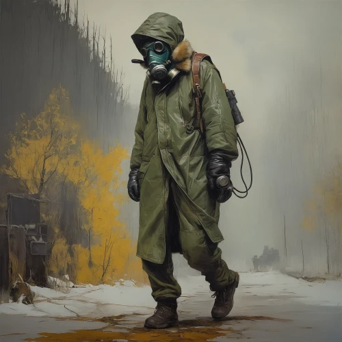 hazmat suit,respirator,coveralls,respirators,protective clothing,protective suit,parka,poison gas,rain suit,pollution mask,combat medic,spraying,gas mask,contaminated,quarantine,pesticide,chemical container,paratrooper,cleanup,hazardous,Conceptual Art,Oil color,Oil Color 01