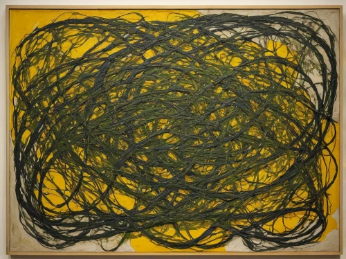 cordage,twine,wire entanglement,yellow onion,cellophane noodles,klaus rinke's time field,tangle,tendrils,basket fibers,kelp,fibers,yellow mustard,tendril,yellow grass,yellow,elastic bands,coil,japchae,yellow line,fishing net,Conceptual Art,Oil color,Oil Color 15