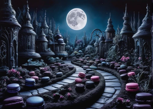 moonscape,candy cauldron,labyrinth,lunar landscape,purple moon,helloween,fantasy picture,chalk drawing,3d fantasy,phase of the moon,fantasy art,lunar phase,fantasy world,the pied piper of hamelin,witch's house,moonlight cactus,fantasy city,herfstanemoon,wonderland,dream world,Conceptual Art,Sci-Fi,Sci-Fi 02