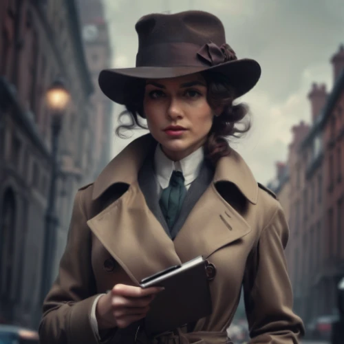 inspector,woman in menswear,detective,the hat of the woman,the hat-female,trench coat,overcoat,woman's hat,girl wearing hat,vesper,leather hat,vintage woman,brown hat,hat retro,womans hat,bowler hat,private investigator,investigator,trilby,retro woman